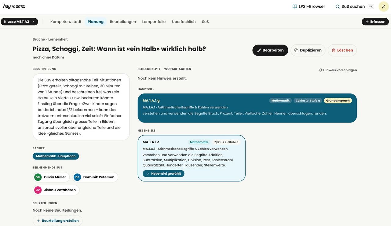 Screenshot der Planungsumgebung: eine Lerneinheit zum Thema Halbe mit Zielen, Sachanalyse und Material